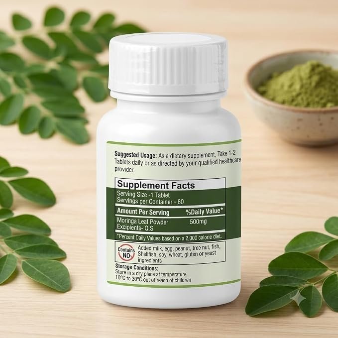 Moringa Tablets (60 Tablets) – Immunity & Energy Boost 100% Pure Drumstick Leaf Extract, Rich in Vitamins & Antioxidants, 60 Tablets view 2